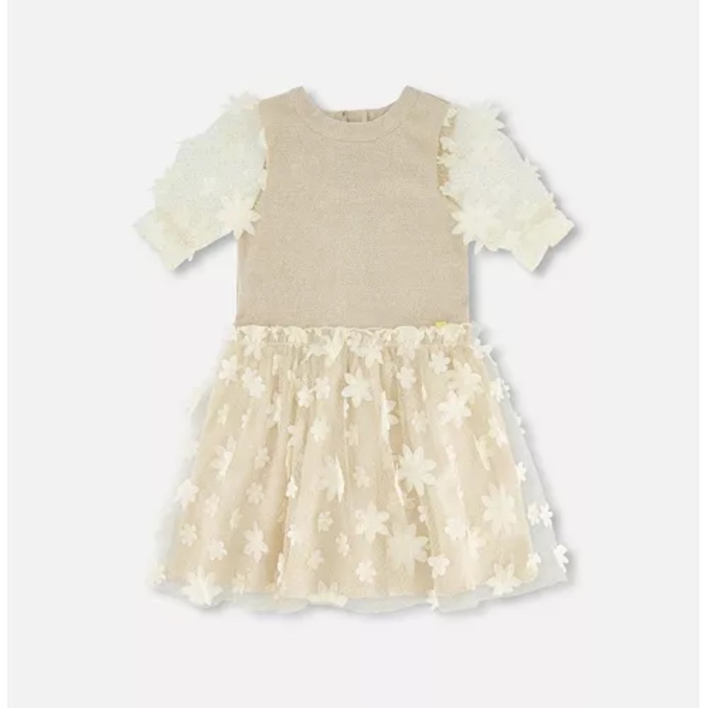 Deux Par Deux Elbow Sleeve Dress With Tulle Skirt Glittering Beige - 5y NWOT